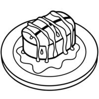 a piece of perfectly grilled filet mignon, wrapped in bacon, resting on a white plate and covered vector