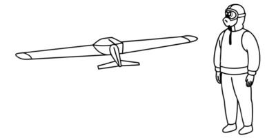a man in scientist suit is thinking and looking at launching glider plane, illustration line vector