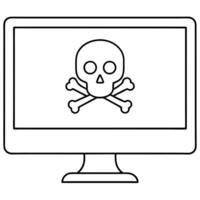 computer with skull and cross bones on screen, illustration line art vector