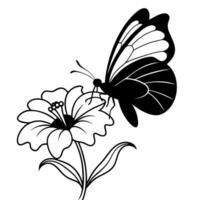 a butterfly is extracting nectar from a stock flower, illustration line art vector