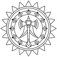 bloody axe in the center mandala, illustration line art vector