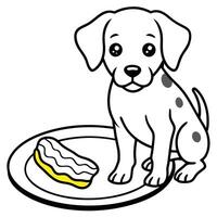 a spotted puppy with a short coat and floppy ears is sitting next to a plate of bacon strips the vector