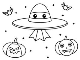 a halloween-themed outer space adventure with a witchs spaceship flying among stars, a bat vector