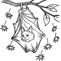 a bat hanging from a branch with stars twinkling in the background, illustration line art vector