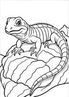 lizard lying on a tree, coloring page, white background, black line art, illustration line vector