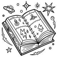 an ancient, mystical spellbook with glowing symbols and floating letters, illustration line vector