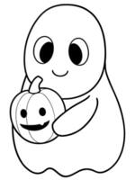 a cute cartoon ghost holding a pumpkin, in the style of a childrens coloring book, simple lines, vector