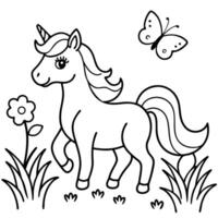 a baby unicorn with a flowing mane and tail, playing in a field of tall grass and wildflowers a vector