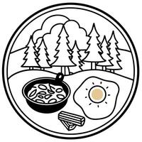 camping breakfast with fried eggs, bacon and sausage in a cast iron skillet fried eggs in a pan in vector