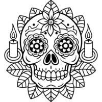 an intricately designed sugar skull with flowers and candles, illustration line art vector