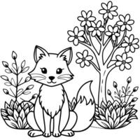 a cute fox sitting in a field of wildflowers with a single tree in the background, vector