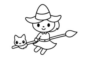 illustration of a kawaii witch with a childish expression, riding her broomstick with a kitten on vector