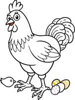 a cheerful chicken clucking happily while pecking at the ground, with colorful eggs nearby, vector