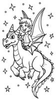 a fairy riding on the back of a small, friendly dragon, flying over the enchanted forest with vector