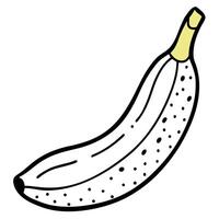 image of a ripe yellow banana with brown speckles, slightly peeled, illustration line art vector