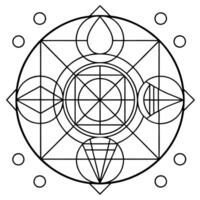 collection of geometric shapes, circles, lines, arcs, arranged in grid-like pattern, representing vector
