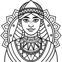 a black and white line drawing of a character wearing traditional clothing with intricate patterns vector