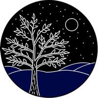 a midnight sky filled with a dark blue hue, illuminated by a full moon and a single, tall tree vector