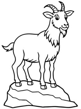 design a line art of a goat standing on a small hill the drawing should have a playful feel with vector