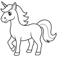 a friendly unicorn with a flowing mane , black outline on white background for kids coloring page, vector