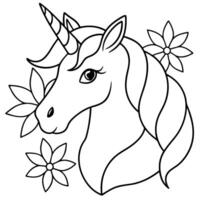 a simple outline of a unicorns head in profile, with a sleek mane and a gracefully curved horn the vector