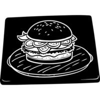 fresh homemade burger on dark slate stone board, pickles and sliced onion over black background -, vector