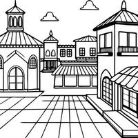 cartoon, empty town square, with stores in the background, illustration line art vector