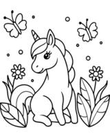 a cute unicorn resting in an enchanted forest, surrounded by magical flowers and butterflies, vector