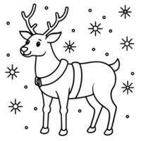 a close-up of a reindeer with a festive harness, standing in a snowy forest with snowflakes falling vector