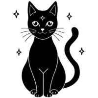 a design featuring a sleek black cat with glowing eyes and mystical symbols on white background, vector