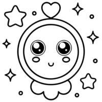 kawaii haunted clock with extra big shiny eyes and hearts, stars and clouds around, vector
