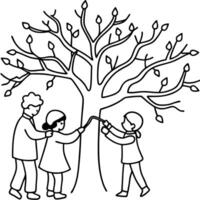 a group of children tying ribbons onto the branches of a snow-covered tree in their front yard, vector