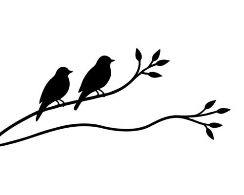 a minimalist silhouette of birds perched on a leafless tree branch, illustration line art