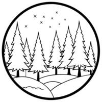 snowy forrest on sides inside circular outline, black and white, illustration line art vector