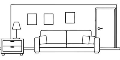 a very thin line drawing of a simple living room the drawing is minimalist, with clean lines and no vector