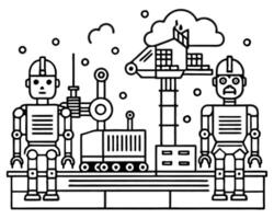 a futuristic factory scene with ai-powered robots working efficiently, connected by data lines, vector