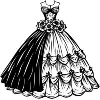 a pencil sketch style, high contrast black and white line drawing of an elegant ball gown the gown vector