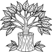 branches with big leaves growing out of the stump on all sides, illustration line art vector