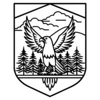 a line art featuring eagle standing in a thick forest eagle and should be centered in a vector