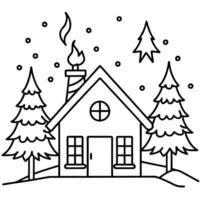 a warm, snow-covered cottage with a lit fireplace, surrounded by evergreen trees and twinkling vector