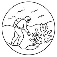 a diver exploring the vibrant colors of a coral atoll ecosystem, illustration line art vector