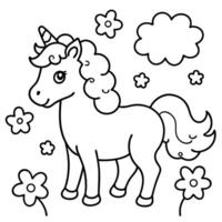 a baby unicorn standing in a meadow filled with flowers and butterflies the unicorn has a curly vector