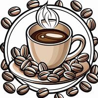 kaffeetasse mit bohnen im hintergrund, illustration line art vector