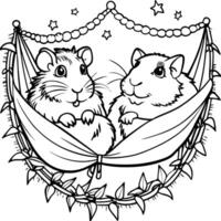 a pair of guinea pigs relaxing in a hammock surrounded by fairy lights, illustration line vector