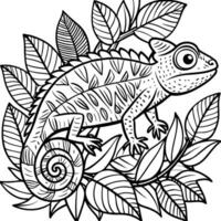 a chameleon blending into the foliage, with detailed leaves and branches, illustration line vector