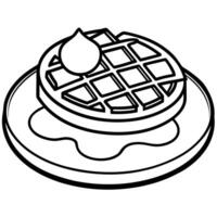 waffles with syrup and butter in plate, illustration line art vector