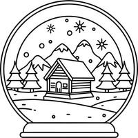 a snow globe with a cozy log cabin and snowy landscape, illustration line art vector