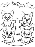 using clear outlilines for coloring book, draw a group of cute, zombie puppies playing in a spooky vector