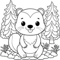 chibi cute kawaii happy baby beaver sitting in the forest, coloring pages for kids, cozy coloring vector