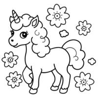 a baby unicorn standing in a meadow filled with flowers and butterflies the unicorn has a curly vector